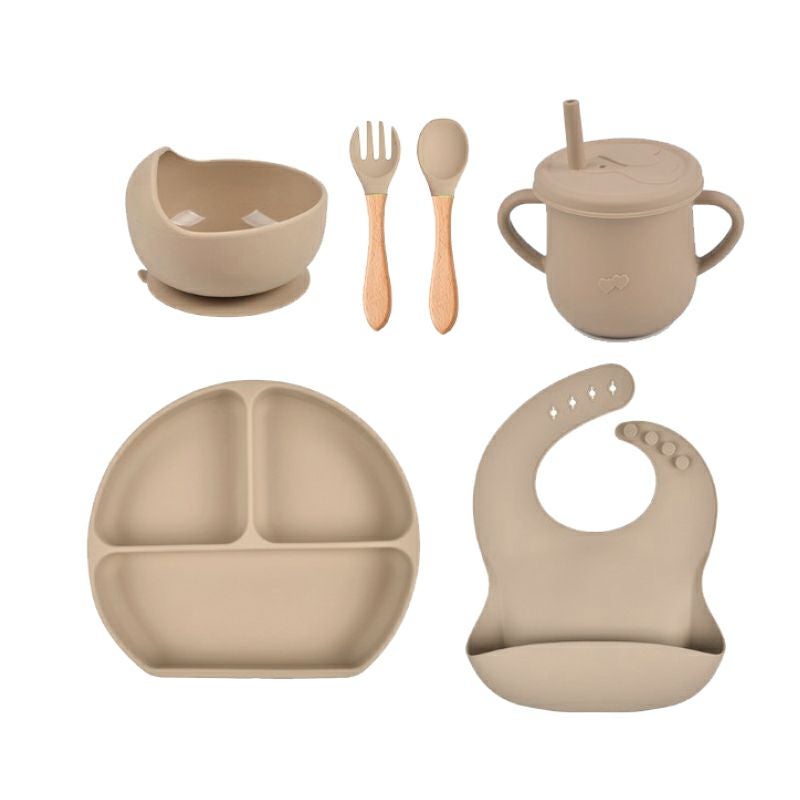 【名入れ対応】ベビーシリコン食器セット ギフトセット 5点 ランチプレート ビブ ストローマグ ボウル スプーン＆フォーク くすみピンク くすみブルー モカ 出産祝い 誕生日 お祝い