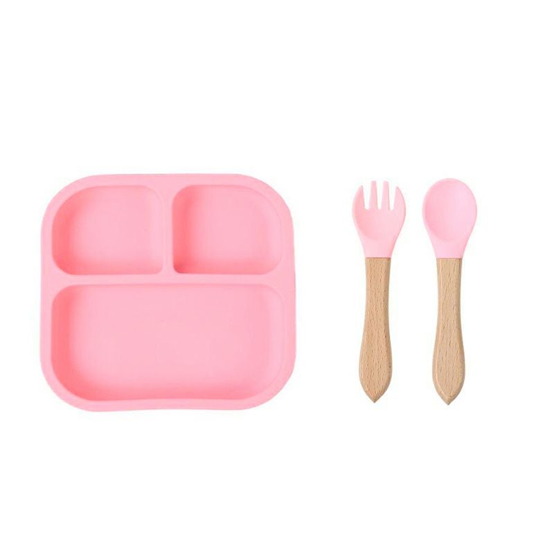【名入れ無料】 シリコン ランチプレート ワンプレート 正方形  木質持ち手スプーン＆フォークセット ベビー 吸盤 仕切り付き 赤ちゃん キッズ こども ひっくり返らない 食器 皿 ギフト 誕生日 プレゼント 