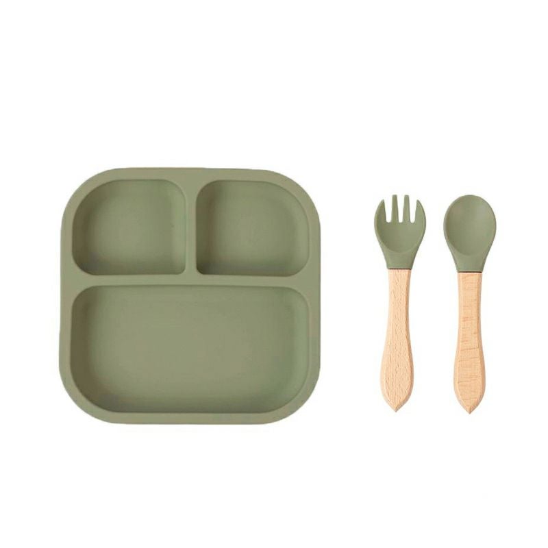 【名入れ無料】 シリコン ランチプレート ワンプレート 正方形  木質持ち手スプーン＆フォークセット ベビー 吸盤 仕切り付き 赤ちゃん キッズ こども ひっくり返らない 食器 皿 ギフト 誕生日 プレゼント 