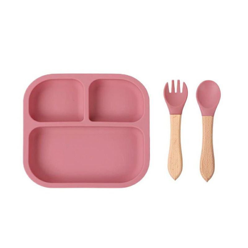 【名入れ無料】 シリコン ランチプレート ワンプレート 正方形  木質持ち手スプーン＆フォークセット ベビー 吸盤 仕切り付き 赤ちゃん キッズ こども ひっくり返らない 食器 皿 ギフト 誕生日 プレゼント 