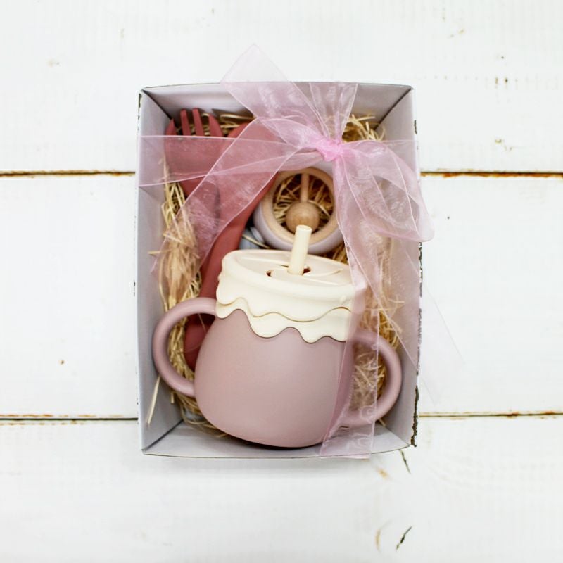 【名入れ対応】ベビーシリコン食器セット ギフトセット 3点 3WAYマグ スプーン＆フォーク 歯がため ピンク グリーン ベージュ ブルー 春夏秋冬 出産祝い 誕生日 お祝い