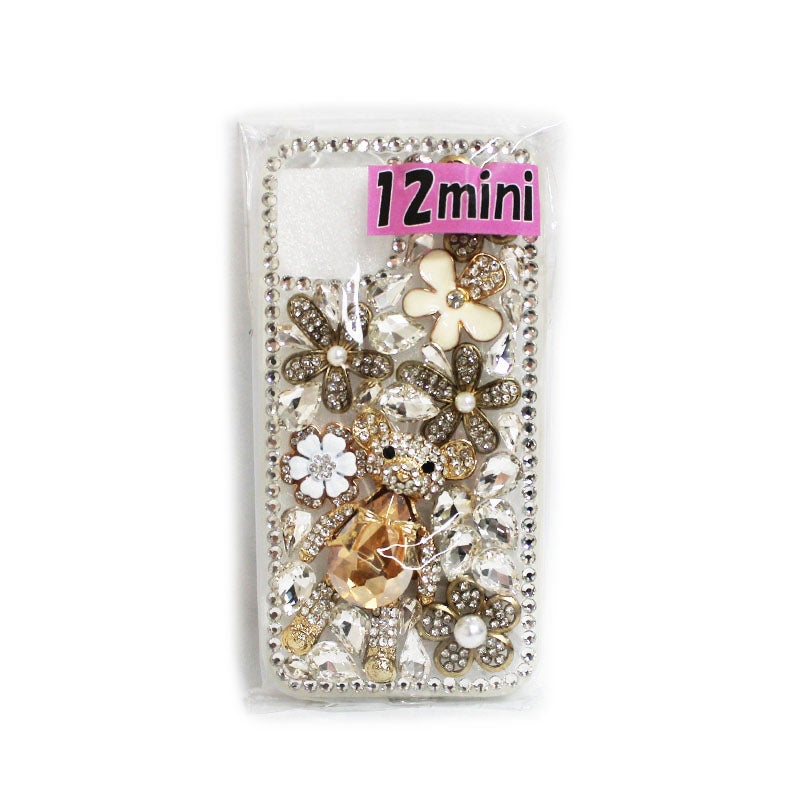 スマホケース ホルダー 携帯ケース iPhone12mini ソフト ビジュー 花 クマ キラキラ シルバー系