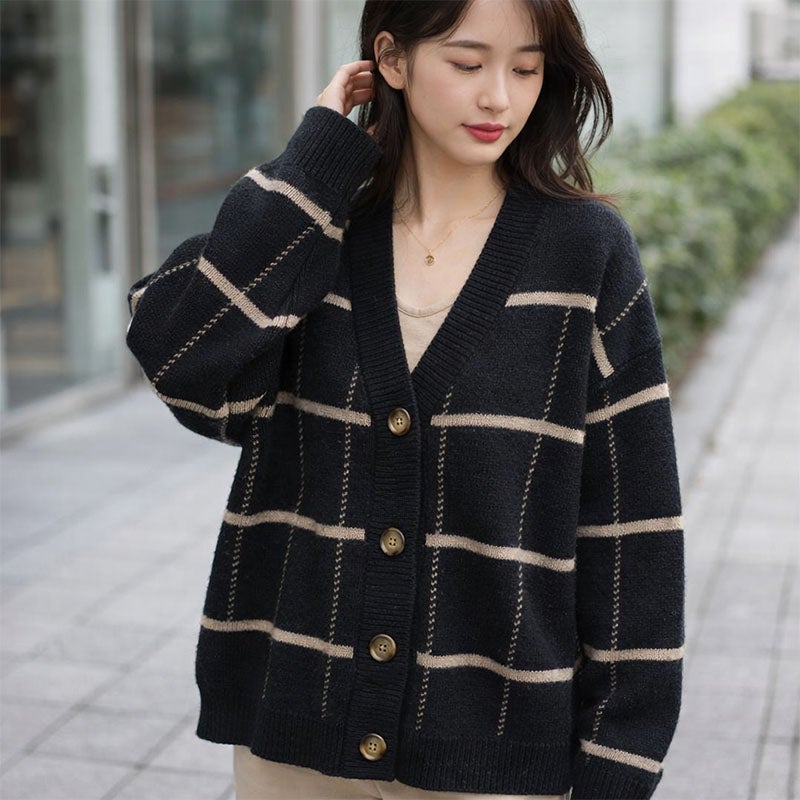 n.o.t. ニットカーディガン 長袖 前開き チェック ブラック 黒  M