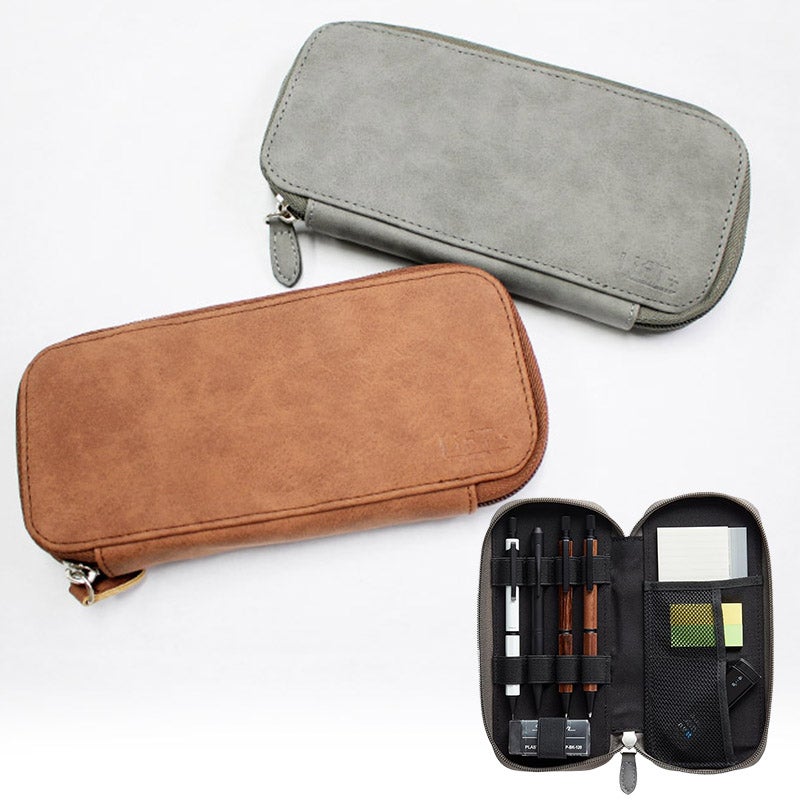 【名入れ無料】 LIFT+ ラウンドジップペンケース 筆箱 レザー Kitera 0.5mm リフト ブラウン グレー ビジネス 文房具 筆記具 ギフト 記念 プレゼント