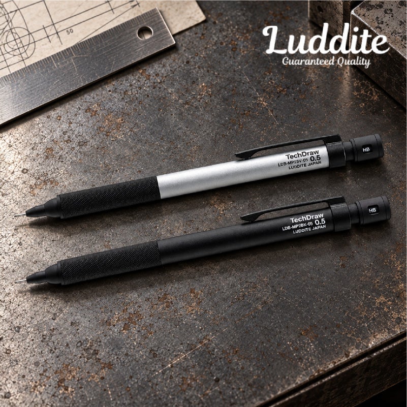 ラダイト LUDDITE TechDraw2 0.5mm 0.3mm BK SV  ブラック シルバー 製図用シャープペンシル シャーペン 文房具 筆記具 ステーショナリー 低重心 金属軸 日本製 LDB-MP2BK